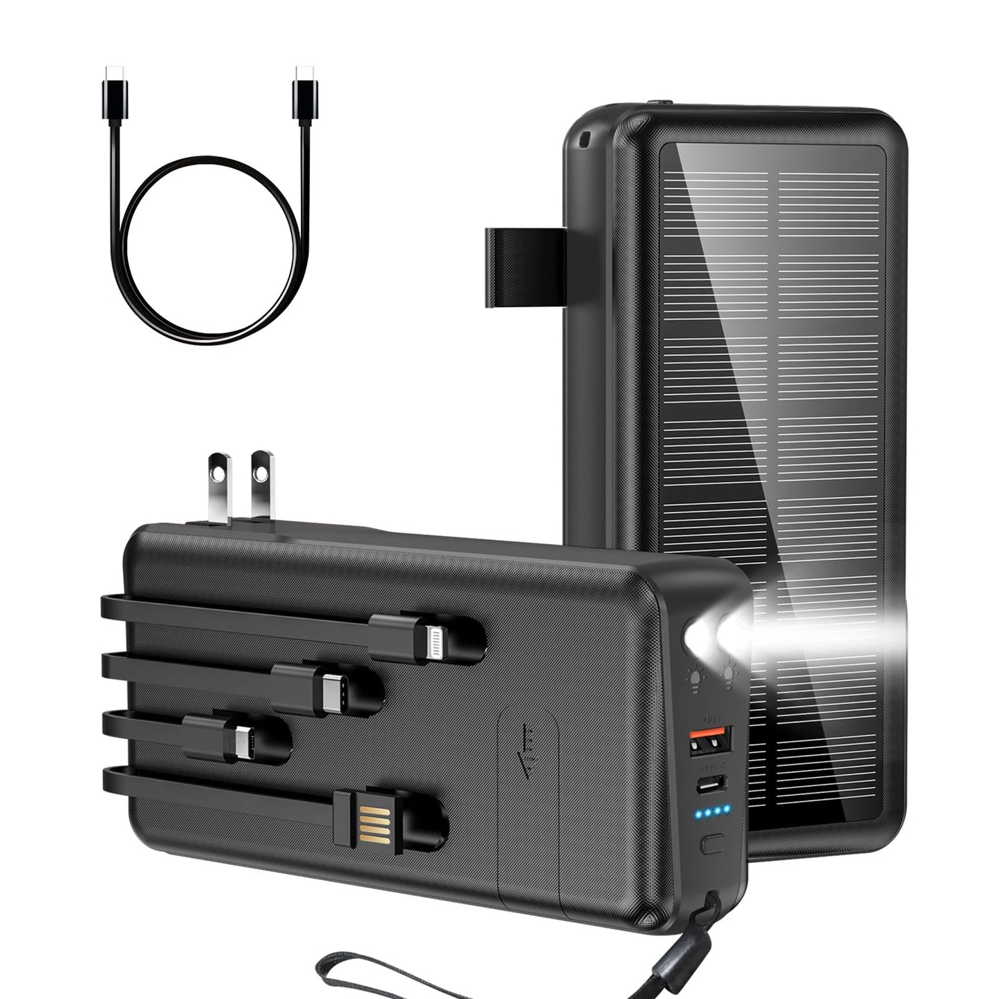 Portable Charger with Built in Cable and Wall Plug 50000mAh PD30W Fast Charging Solar Power Bank with 5 Output & 2 Input Dual LED Flashlights Phone Holder External Battery Pack (Black)